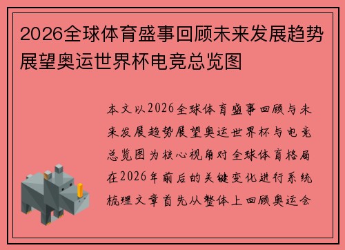 2026全球体育盛事回顾未来发展趋势展望奥运世界杯电竞总览图