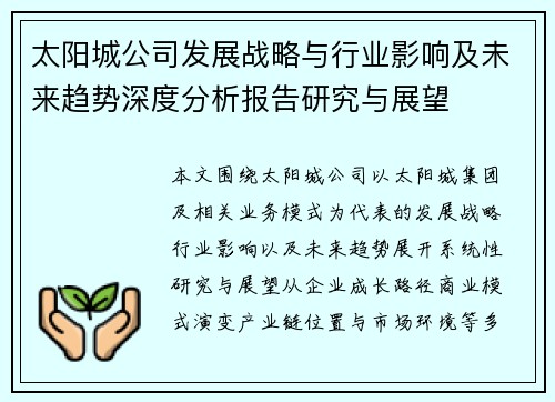太阳城公司发展战略与行业影响及未来趋势深度分析报告研究与展望